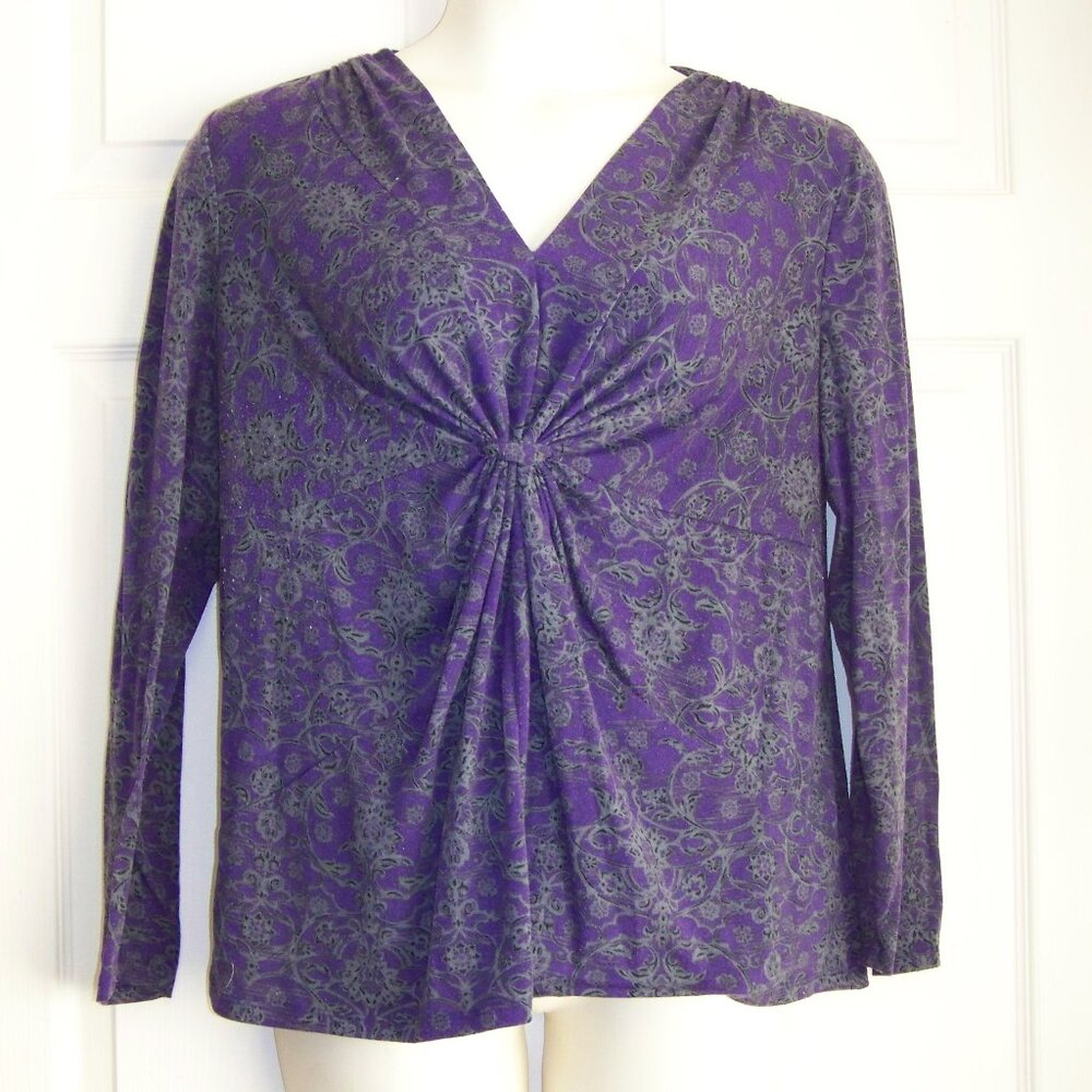 JMS Just My Size Top Womens Plus 1X Purple Paisley Long Sleeve V-Neck Knit